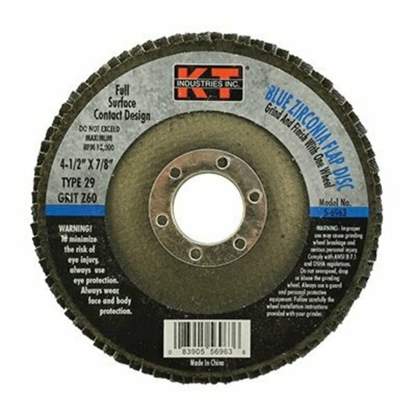 K-T Industries Flap Disc, 4-1/2 in Dia, 7/8 in Arbor, 60 Grit, Zirconium Abrasive 5-6963